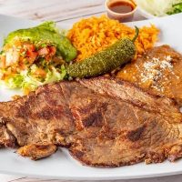 Breakfast with rice, beans and carne asada